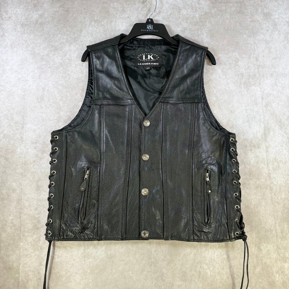 Leather King Biker Vest‎ Men 44 Black Side Lace Buffalo Nickel Snaps Leather